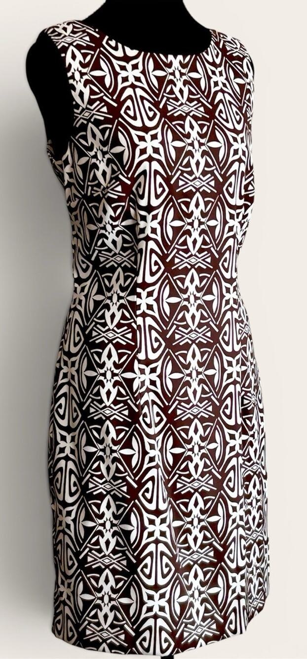 AB Studio Sheath Dress Size 8 Womens Sleeveless Geometric Tribal Brown Ivory